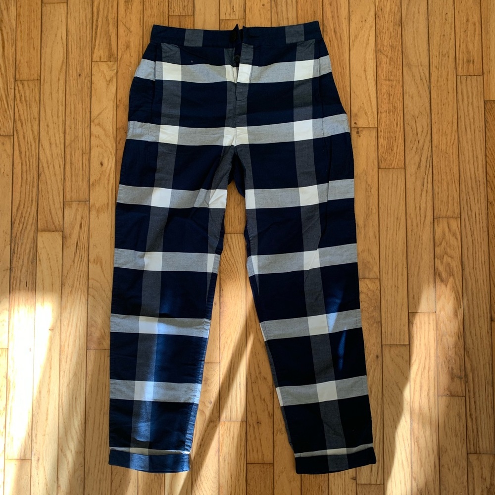 Kowtow navy and white plaid pants
